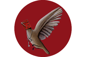 Silverpark Vogel mit Uhr und Schlüssel im René Magritte Stil rot